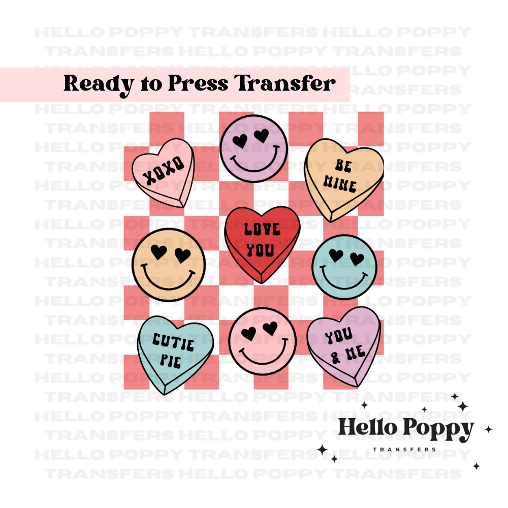 Conversation Hearts Checkered Smileys Full Color Transfer