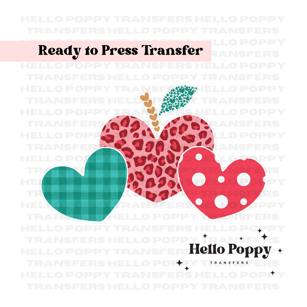 Teacher Apple Hearts Full Color Transfer